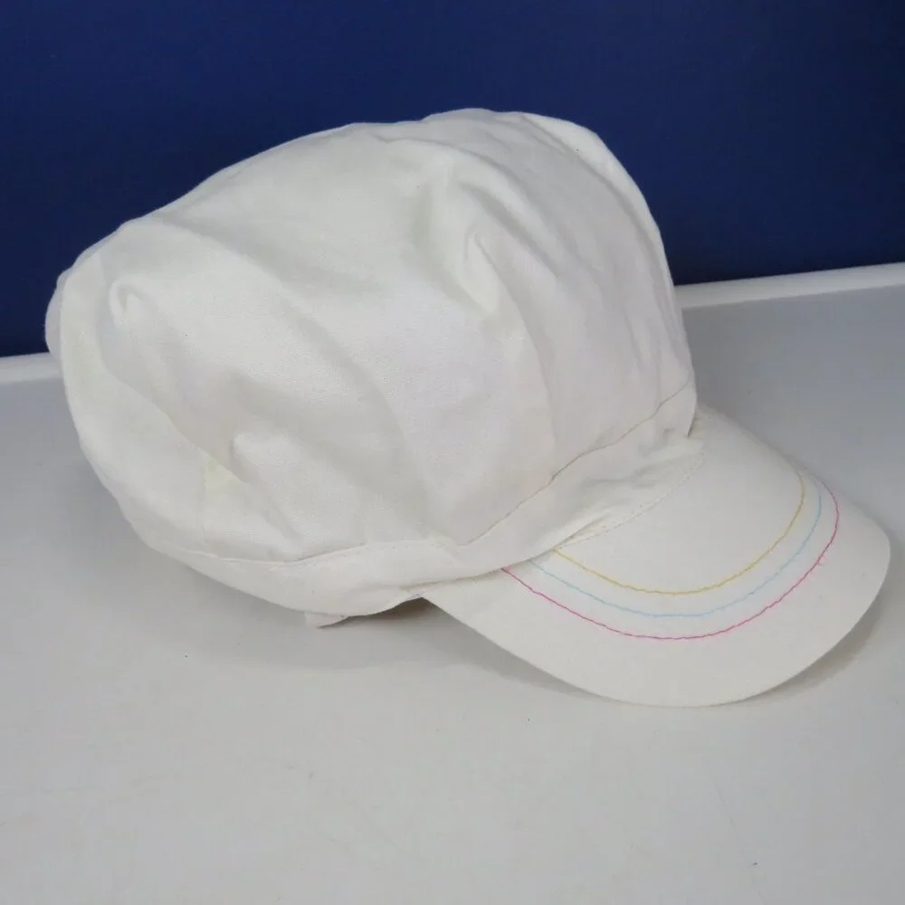 Child's White Cotton Ball Cap Hat w Floral Decal Elastic Back 19